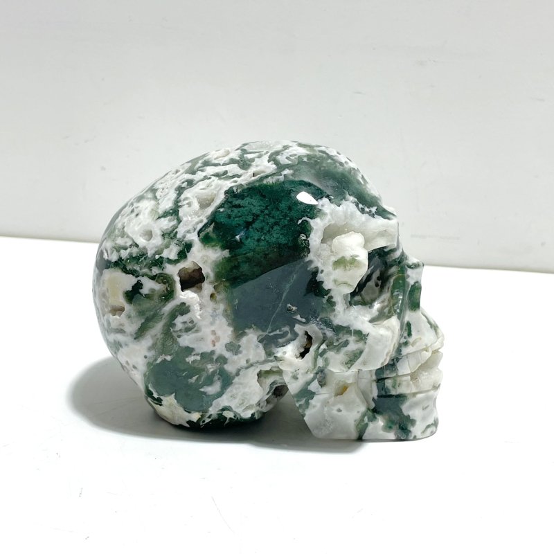 Unique Large Geode Druzy Moss Agate Skull Carving - Wholesale Crystals