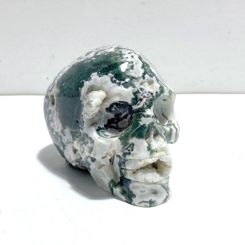 Unique Large Geode Druzy Moss Agate Skull Carving - Wholesale Crystals