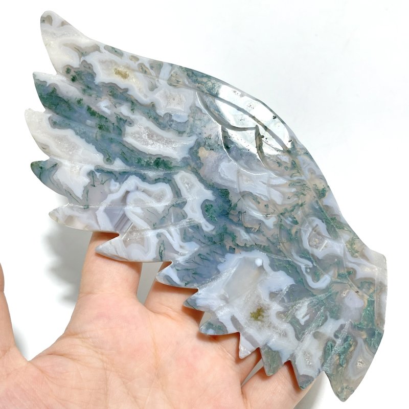 Unique Moss Agate Eagle Wing Carving With Stand - Wholesale Crystals