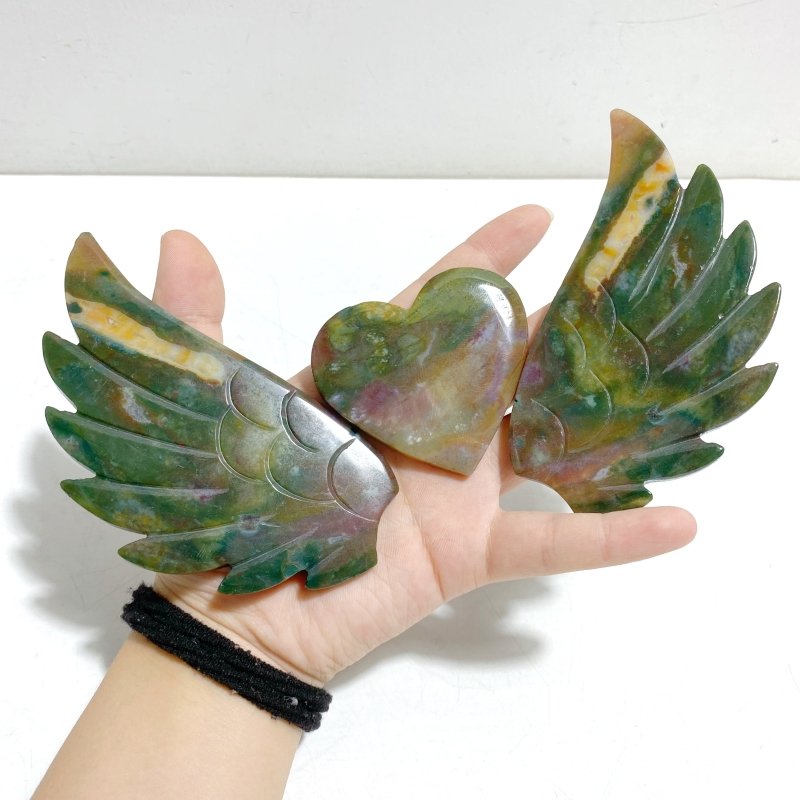 Unique Ocean Jasper Heart Wing Carving With Stand - Wholesale Crystals