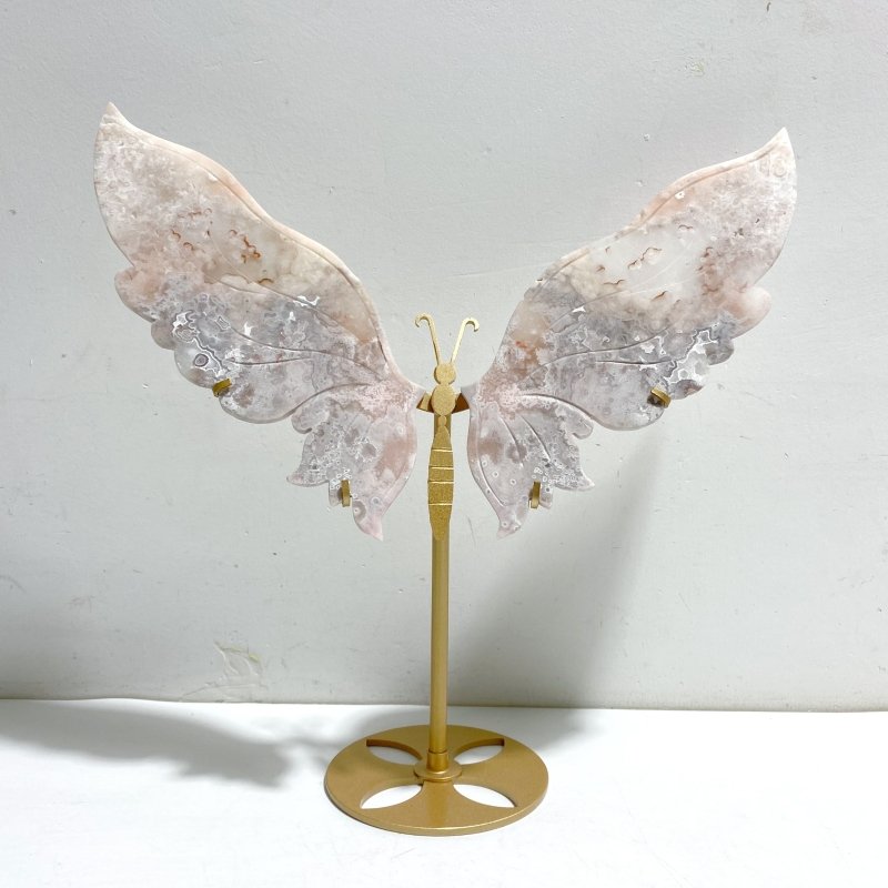 Unique Sakura Flower Agate Butterfly Wing Carving With Stand - Wholesale Crystals