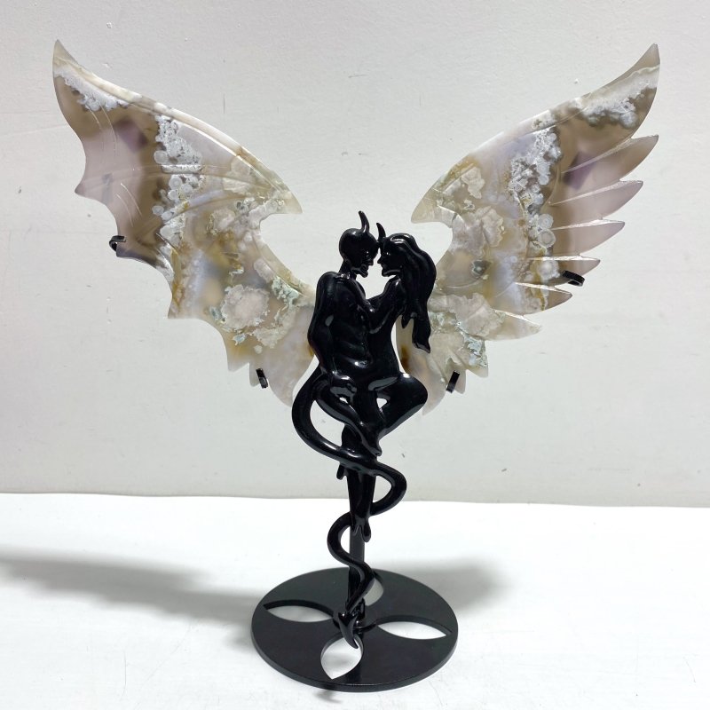 Unique Sakura Flower Agate Demon and Angel Wing Carving With Stand - Wholesale Crystals