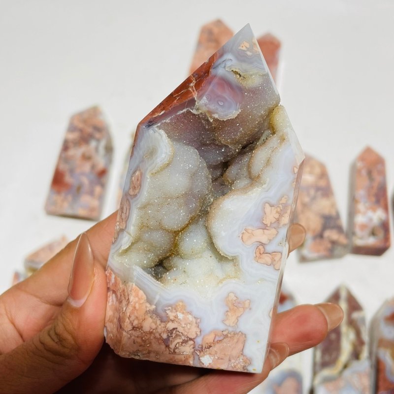 17 Pieces High Quality Pink Flower Agate Druzy Geode Four-sided Tower -Wholesale Crystals