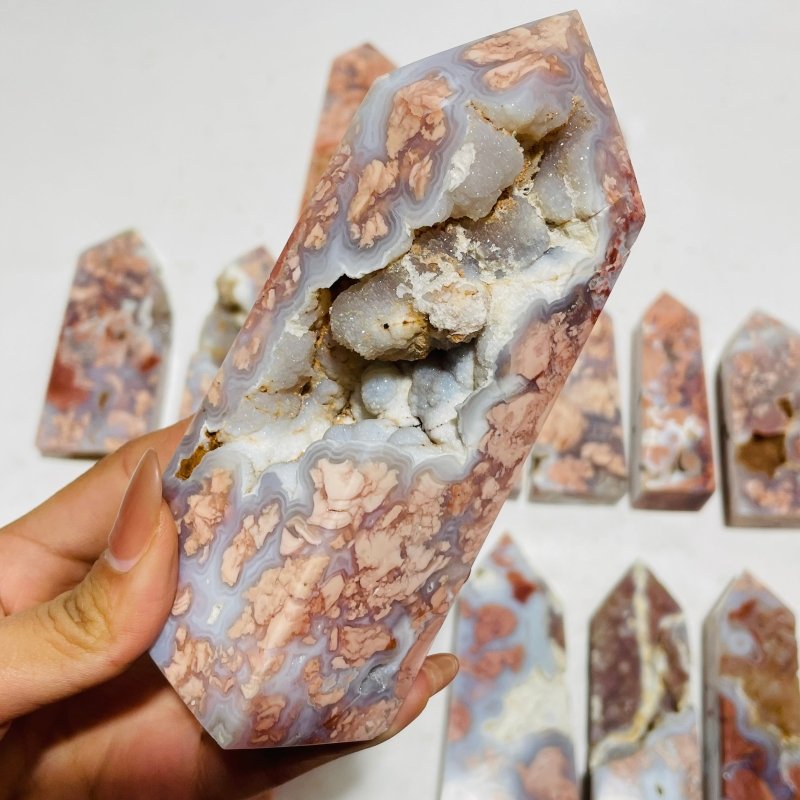 17 Pieces High Quality Pink Flower Agate Druzy Geode Four-sided Tower -Wholesale Crystals