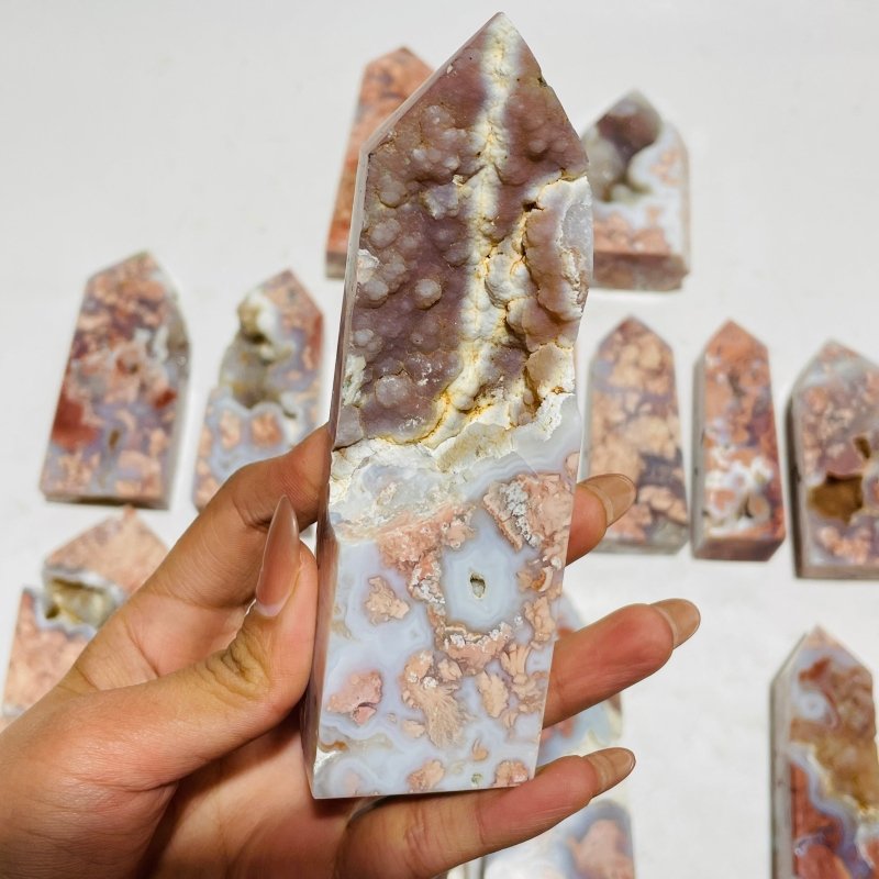 17 Pieces High Quality Pink Flower Agate Druzy Geode Four-sided Tower -Wholesale Crystals