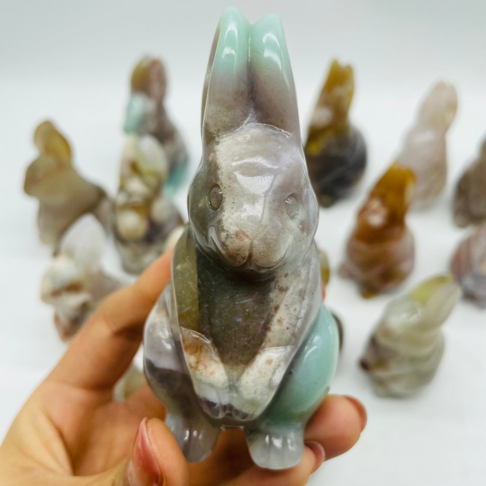 17 Pieces High Quality Sakura Flower Agate Rabbit Carving -Wholesale Crystals