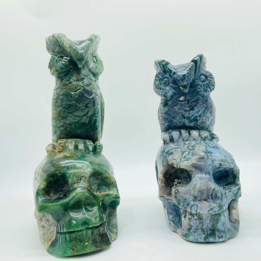 2 Pieces Unique Moss Agate Skull With Owl Carving -Wholesale Crystals