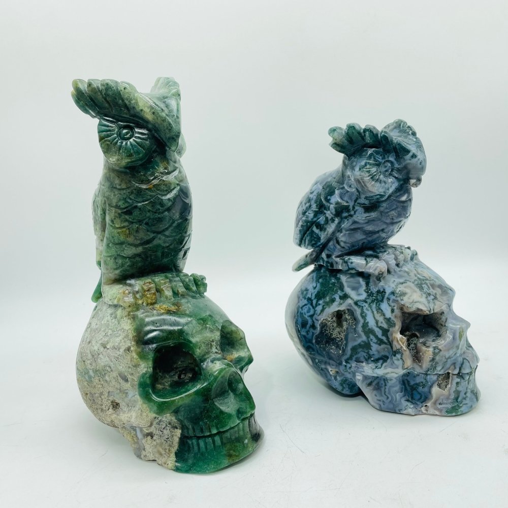 2 Pieces Unique Moss Agate Skull With Owl Carving -Wholesale Crystals