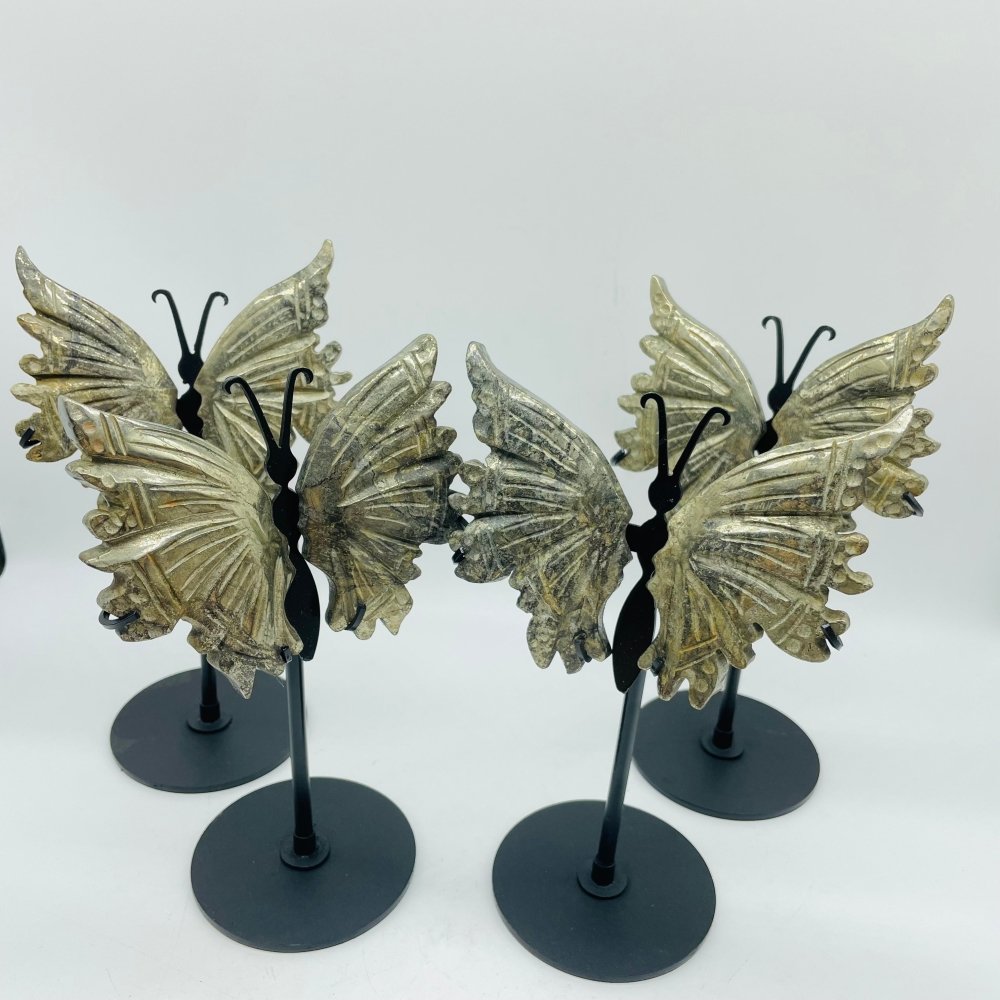 4 Pairs High Quality Pyrite Butterfly Carving With Stand -Wholesale Crystals
