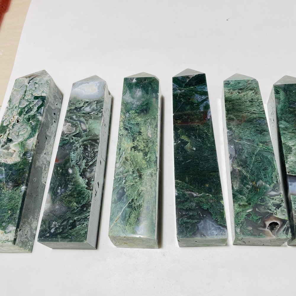 6 Pieces Large Moss Agate Four-Sided Tower Points -Wholesale Crystals