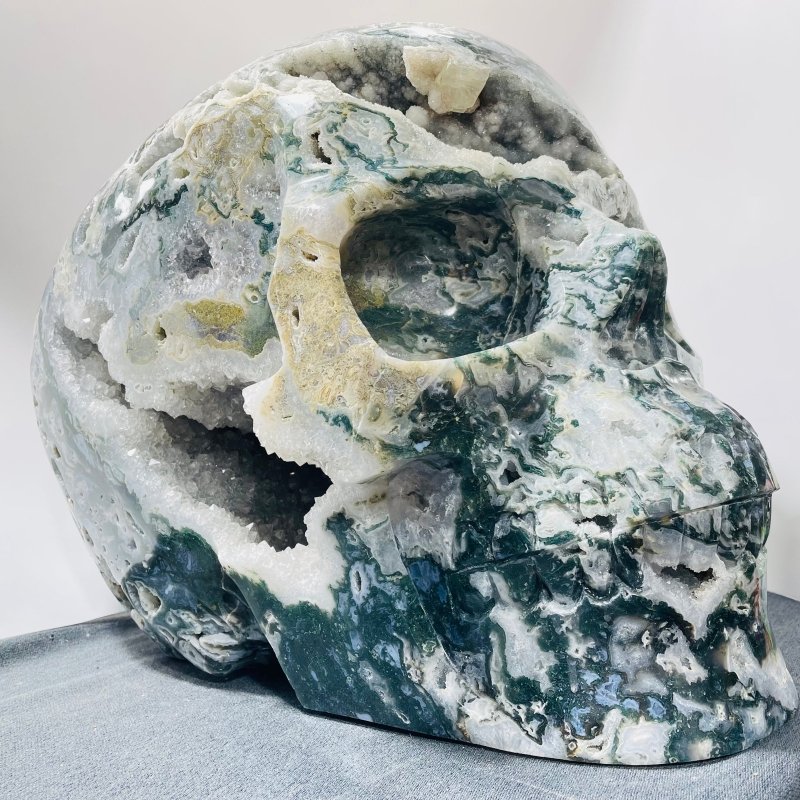 71.8kg Very Large Geode Druzy Moss Agate Skull Carving 20Inch - Wholesale Crystals