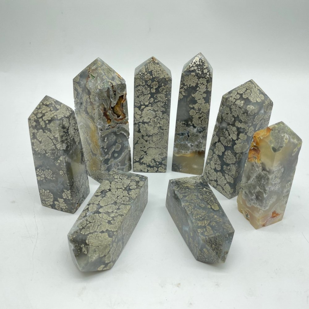 Flower Pyrite Mixed Agate Four-Sided Tower Point Wholesale -Wholesale Crystals