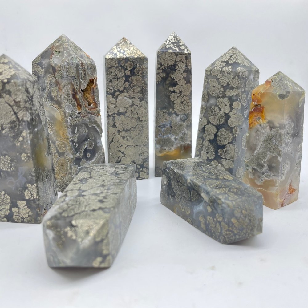Flower Pyrite Mixed Agate Four-Sided Tower Point Wholesale -Wholesale Crystals