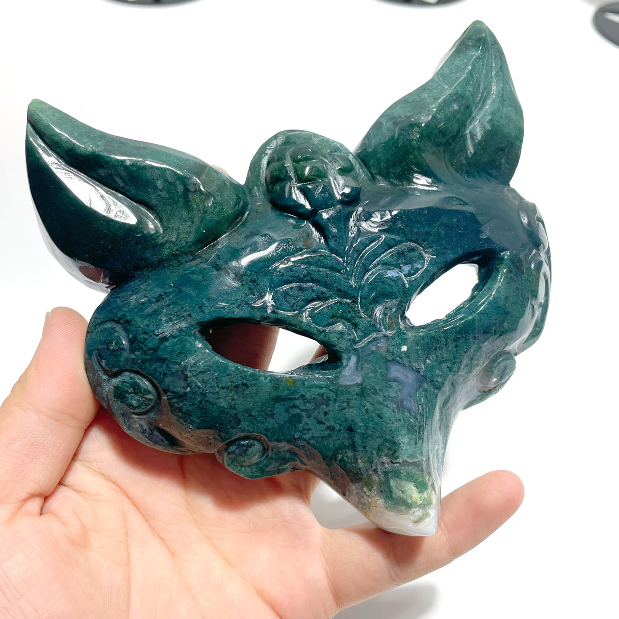 3 Pieces Moss Agate Fox Mask Carving With Stand