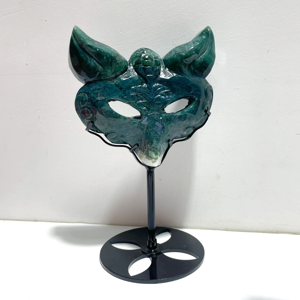 3 Pieces Moss Agate Fox Mask Carving With Stand