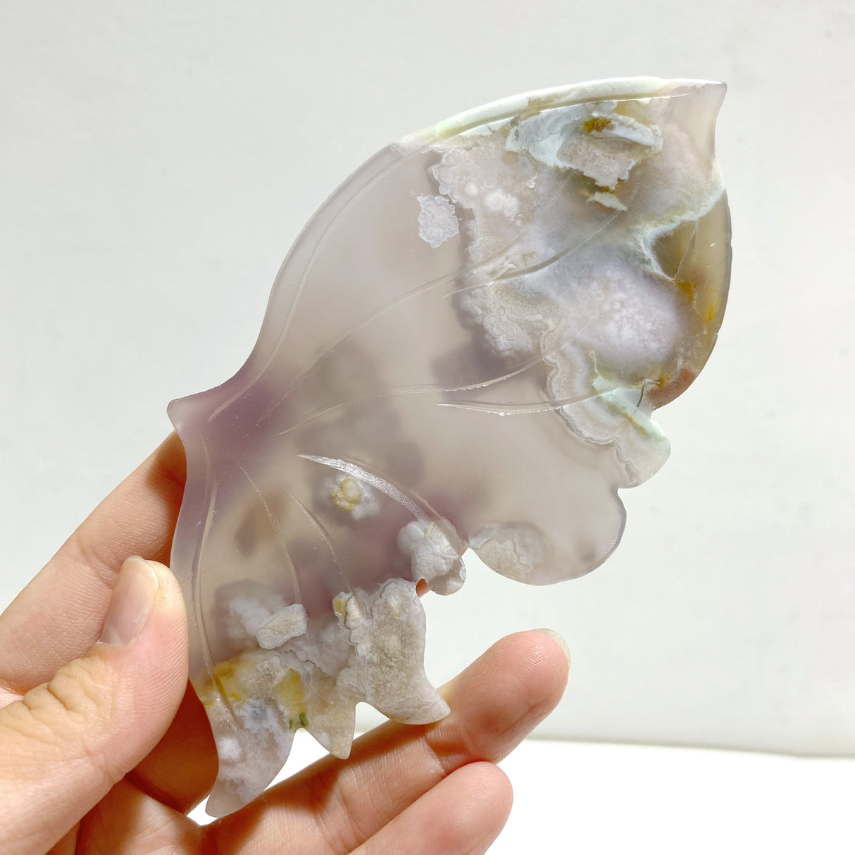 Beautiful Green Sakura Flower Agate Butterfly Wing Carving With Stand