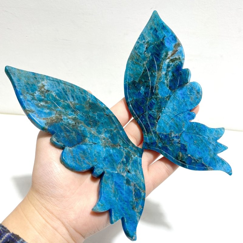 2 Pairs Blue Apatite Butterfly Wing Carving With Stand - Wholesale Crystals