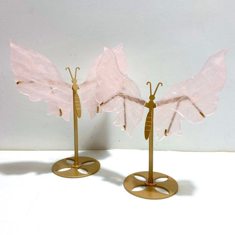 2 Pairs Rose Quartz Butterfly Wing Carving With Stand - Wholesale Crystals