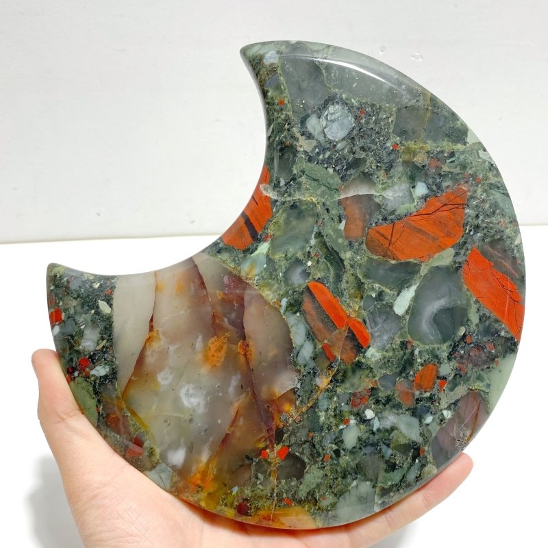 2 Pieces Large Africa Blood Stone Moon Carving With Stand - Wholesale Crystals