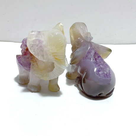 2 Pieces Amethyst Mixed Geode Druzy Agate Elephant Animal Carving #A21