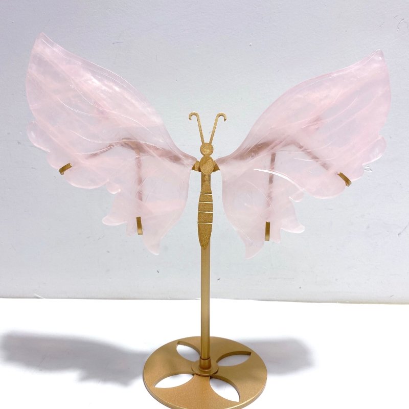 3 Pairs Rose Quartz Butterfly Wing Carving With Stand - Wholesale Crystals