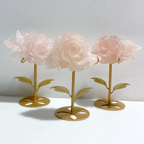 3 Pieces Beautiful Rose Quartz Flower Carving With Stand -Wholesale Crystals
