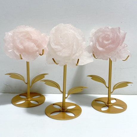 3 Pieces Beautiful Rose Quartz Flower Carving With Stand -Wholesale Crystals