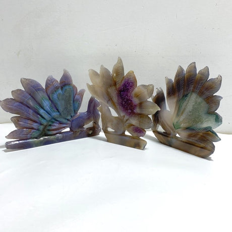 3 Pieces Geode Agate Druzy Nine-tailed Fox Carving (Defective) -Wholesale Crystals