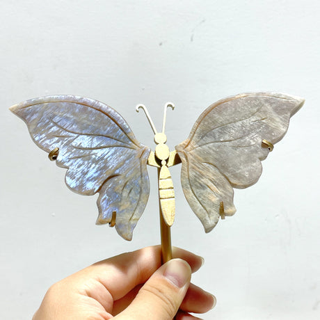 6 Pairs Sunstone Mixed Moonstone Butterfly Wing Carving With Stand