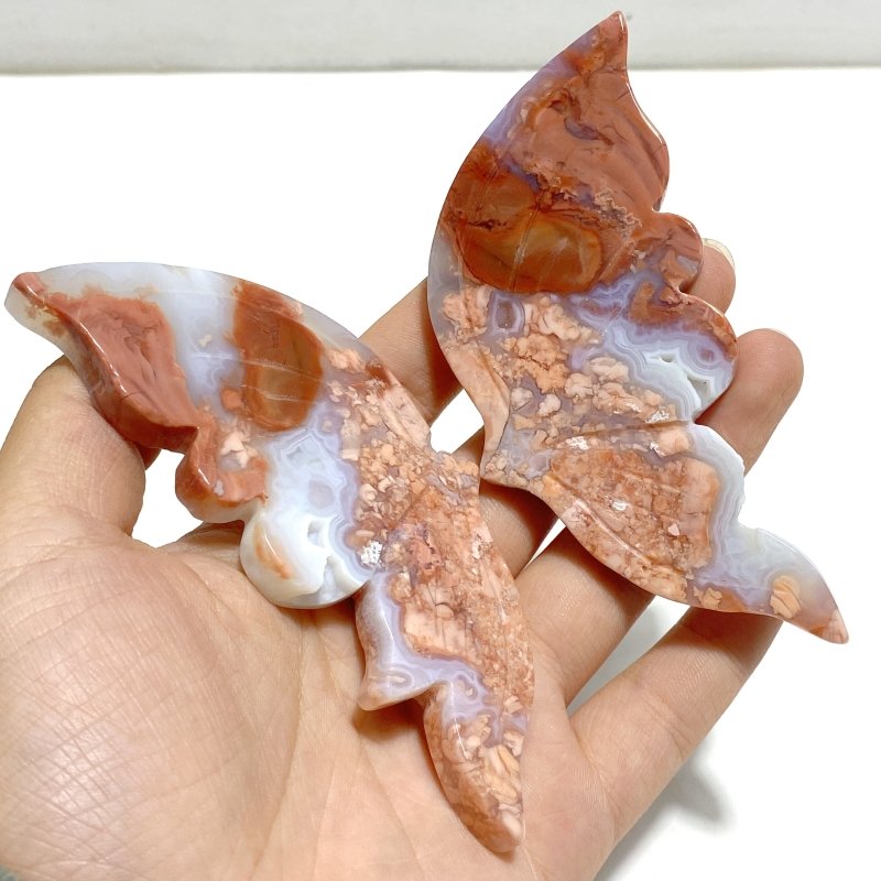 4 Pairs Pink Agate Butterfly Wing Carving With Stand - Wholesale Crystals
