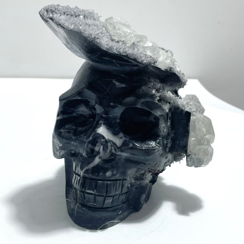 4 Pieces Black Clear Quartz Cluster Skull Carving - Wholesale Crystals