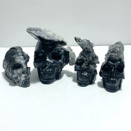 4 Pieces Black Clear Quartz Cluster Skull Carving - Wholesale Crystals
