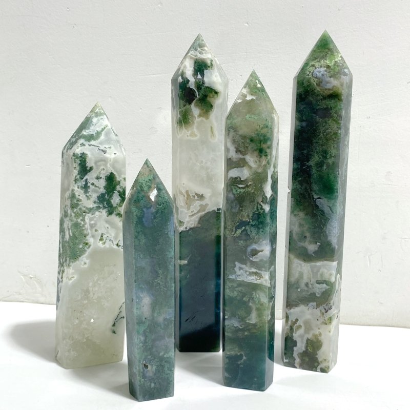 5 Pieces Green Moss Agate Points -Wholesale Crystals
