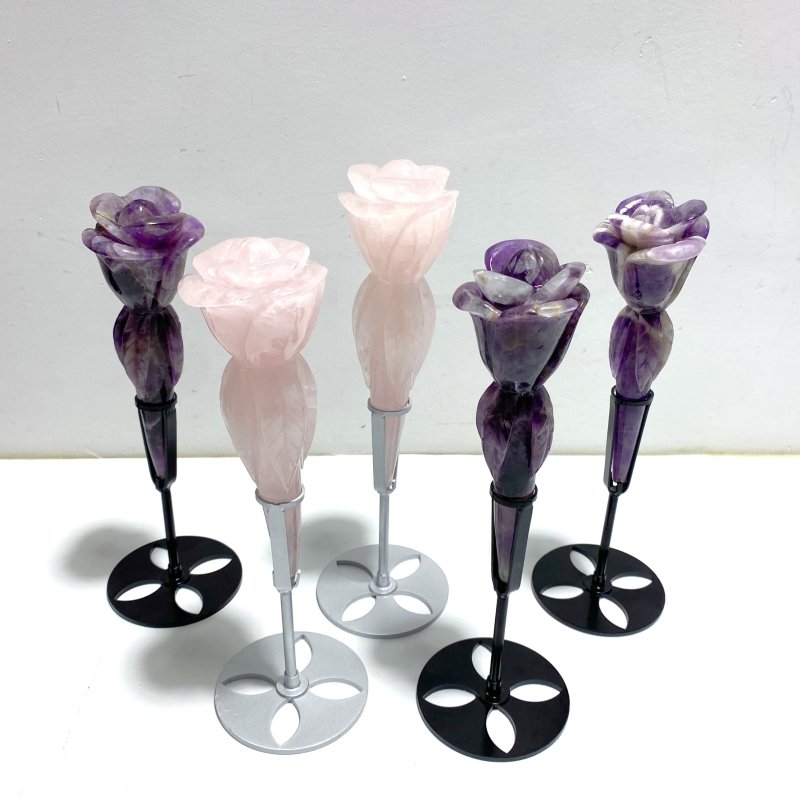 5 Pieces Rose Quartz Chevron Amethyst Flower Carving With Stand - Wholesale Crystals