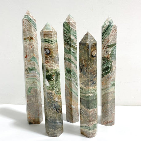 5 Pieces Tall Green Stripe Jasper Point 4 -Wholesale Crystals