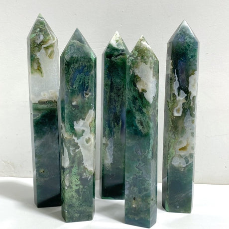 5 Pieces Tall Moss Agate Tower Points -Wholesale Crystals