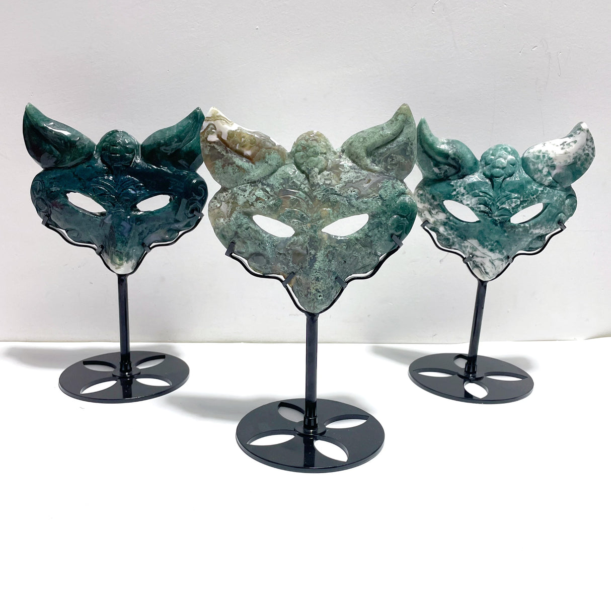 3 Pieces Moss Agate Fox Mask Carving With Stand