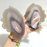 Unique Geode Druzy Agate Butterfly Wing Carving With Stand