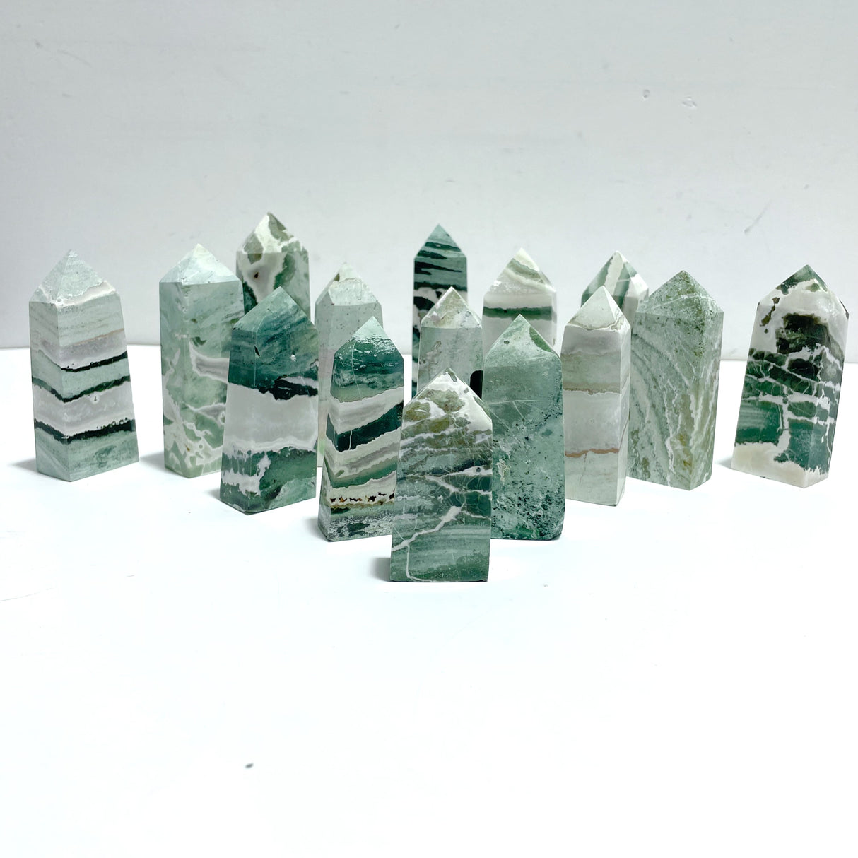 Stripe Moss Agate Mixed Quartz Four-Sided Tower Point Wholesale