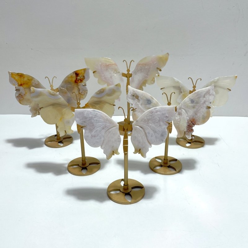 6 Pairs Beautiful Sakura Flower Agate Butterfly Wing Carving With Stand - Wholesale Crystals