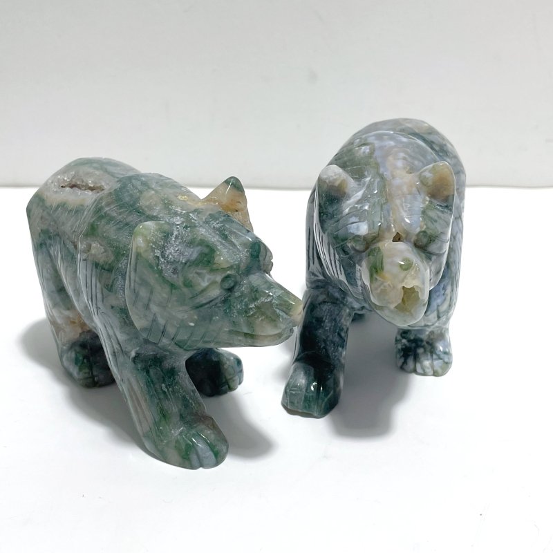 6 Pieces Beautiful Moss Agate Bear Carving - Wholesale Crystals