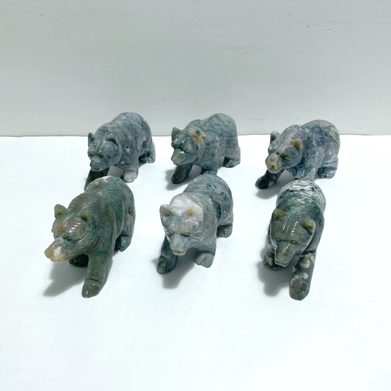 6 Pieces Beautiful Moss Agate Bear Carving - Wholesale Crystals