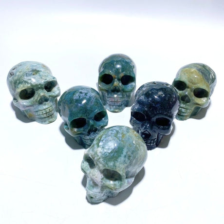 6 Pieces Moss Agate Skull Carving - Wholesale Crystals