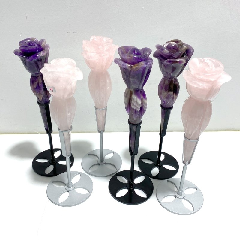 6 Pieces Rose Quartz Chevron Amethyst Flower Carving With Stand - Wholesale Crystals