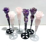 6 Pieces Rose Quartz Chevron Amethyst Flower Carving With Stand - Wholesale Crystals