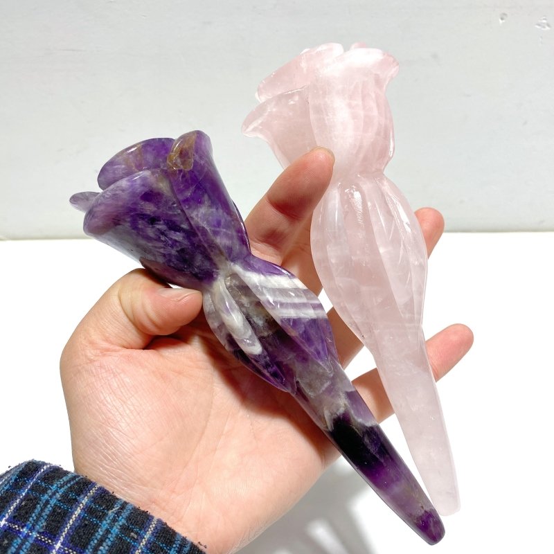 6 Pieces Rose Quartz Chevron Amethyst Flower Carving With Stand - Wholesale Crystals