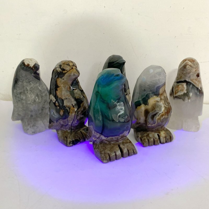 6 Pieces Volcano Agate Penguin Carving (UV-Reactive) (Defective) -Wholesale Crystals