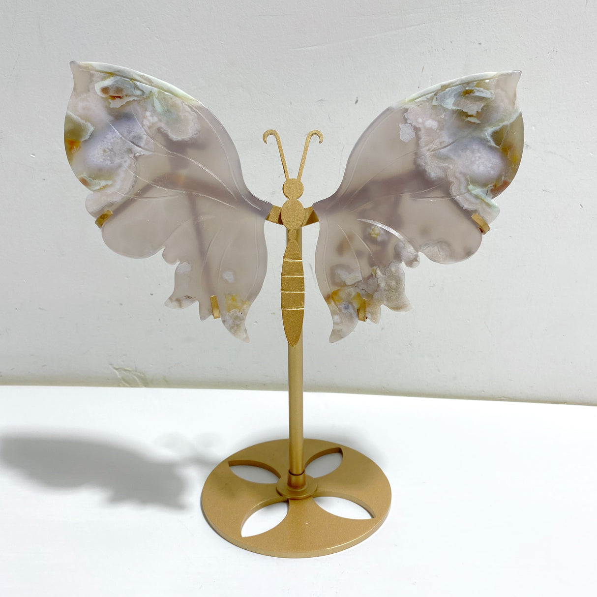 Beautiful Green Sakura Flower Agate Butterfly Wing Carving With Stand