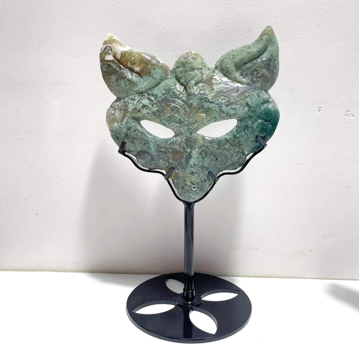 3 Pieces Moss Agate Fox Mask Carving With Stand