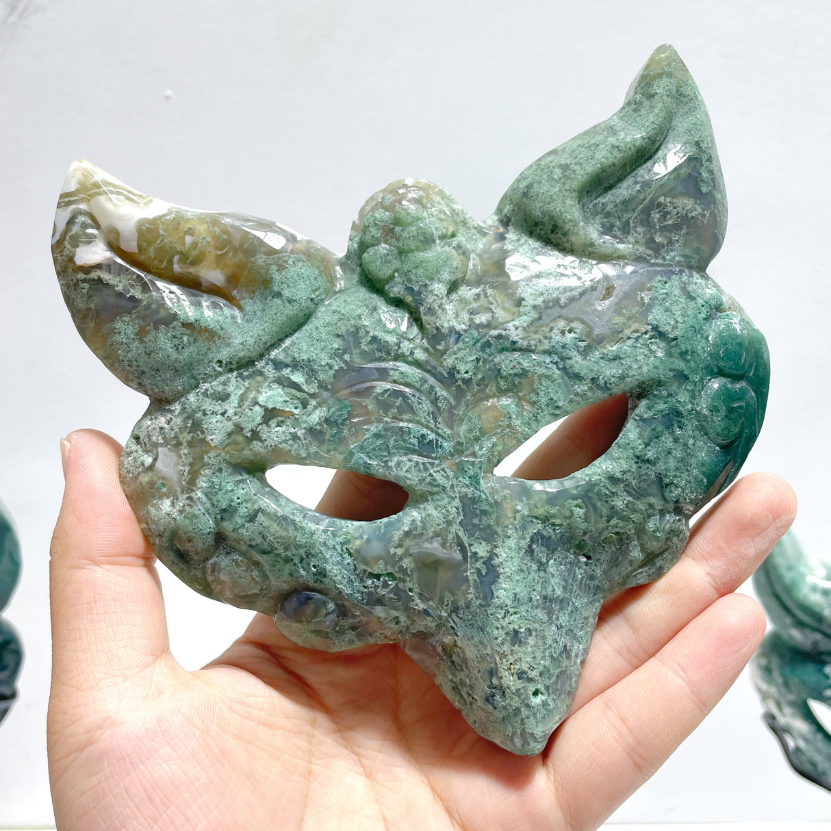 3 Pieces Moss Agate Fox Mask Carving With Stand